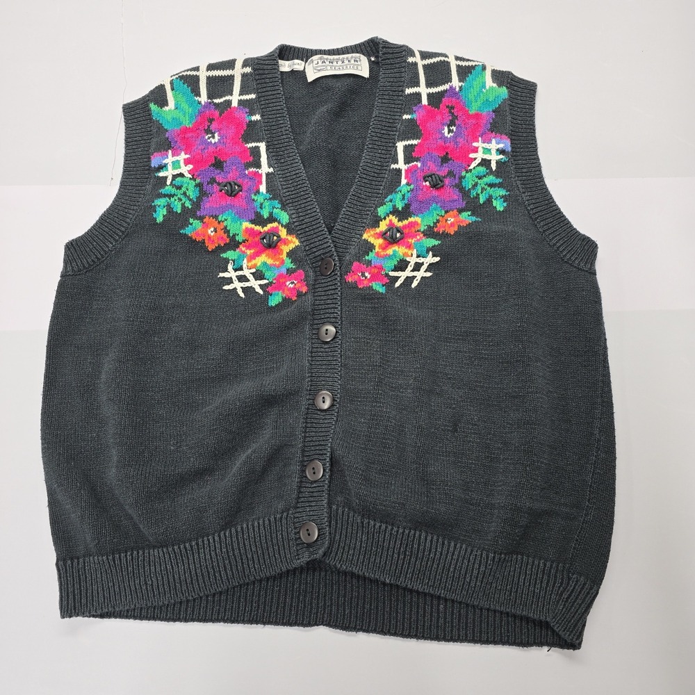 Vintage Jantzen Classics Women Black Floral Embroidered Button Front Knit Vest‎